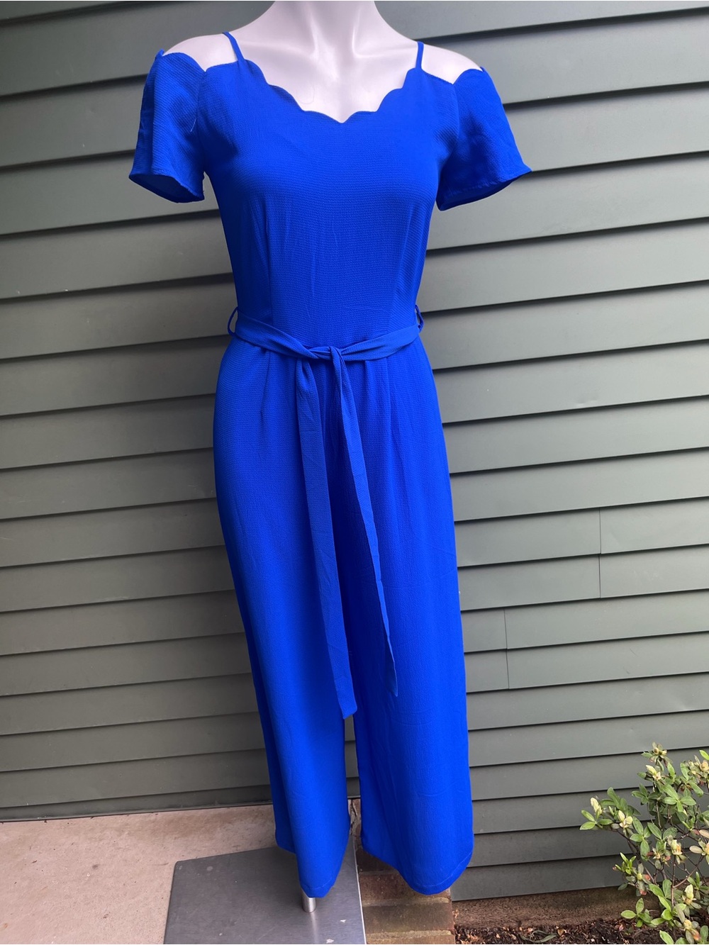 Monteau Royal Blue Scallop Neck Jumpsuit with Tie Waist